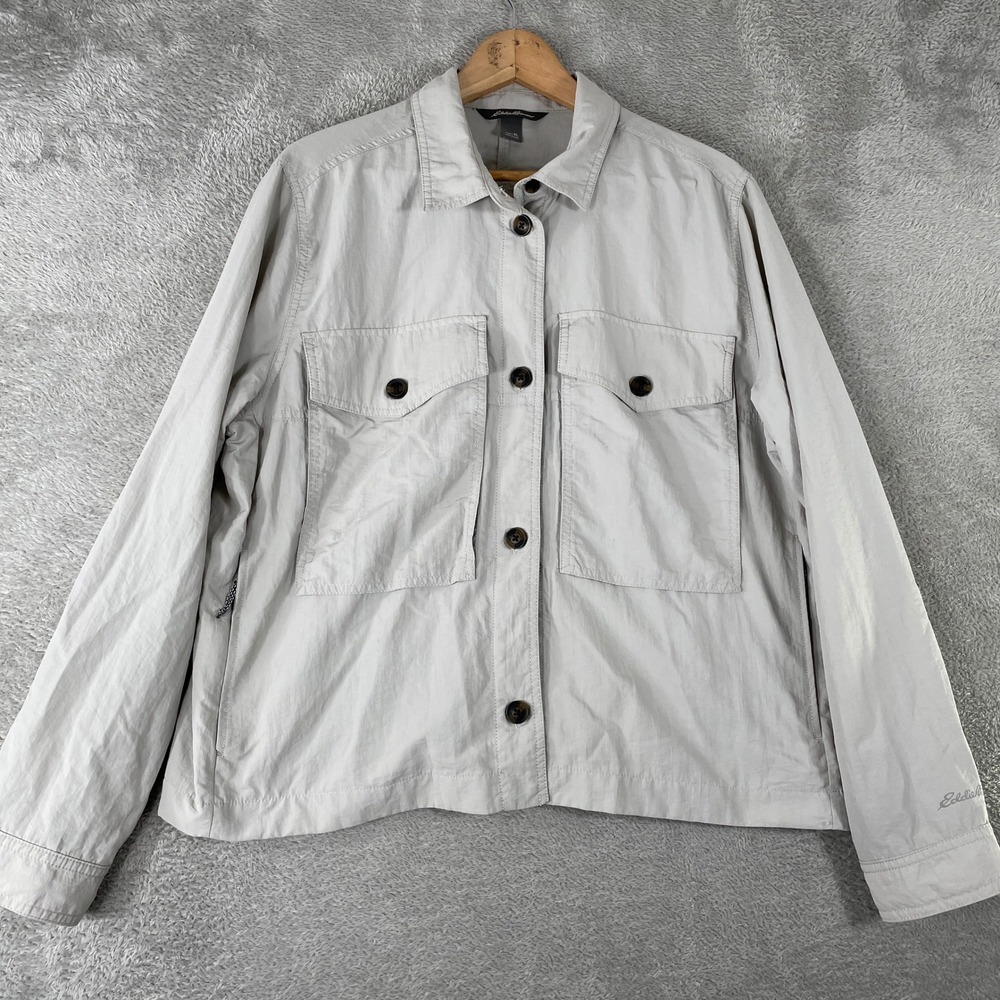 Eddie Bauer Utility Shirt Jacket Womens XL Gray Nylon Gorpcore Outdoor Hiking